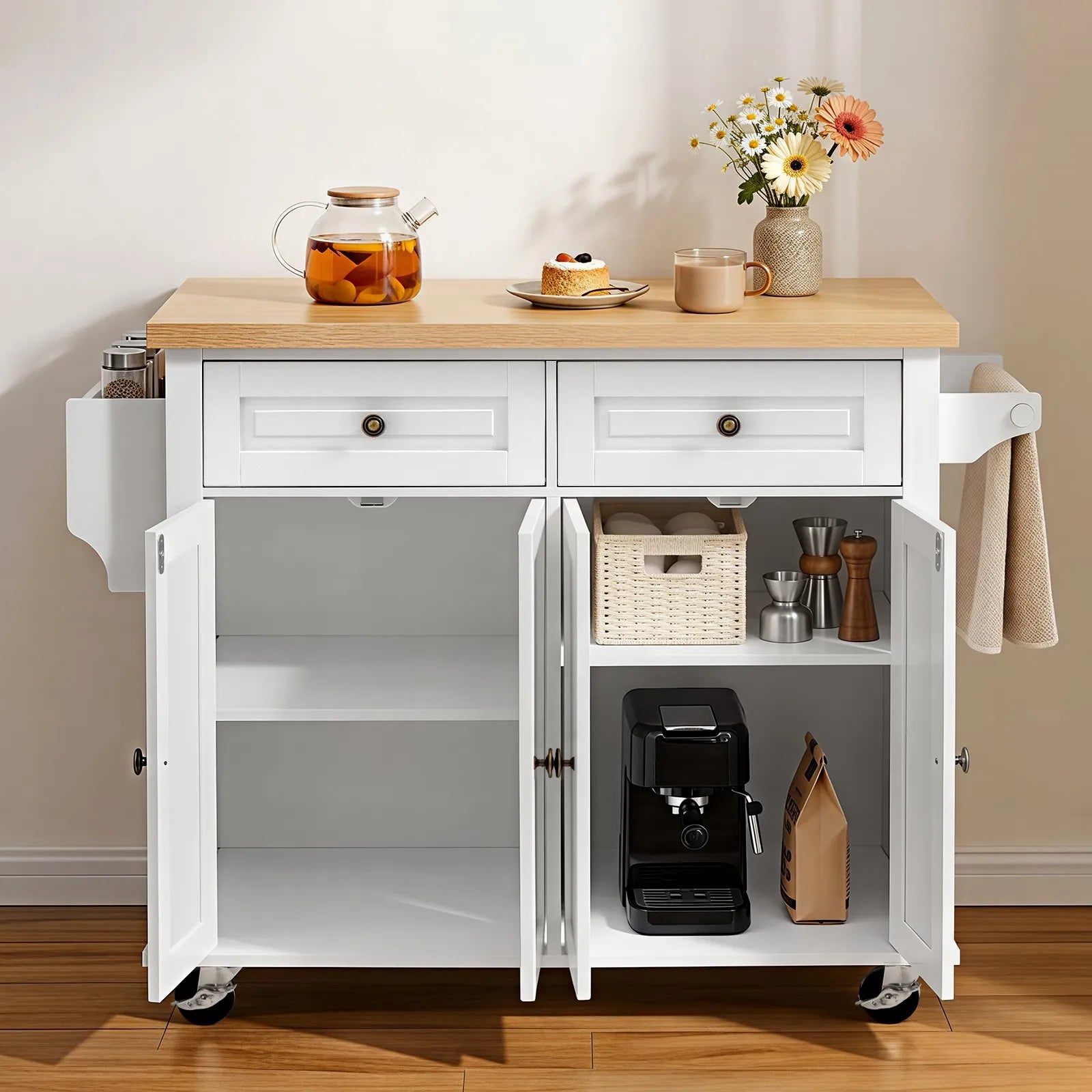 43.7" Rolling Kitchen Island Cart with Storage Cabinet, 2 Drawers & Spice Rack โ White