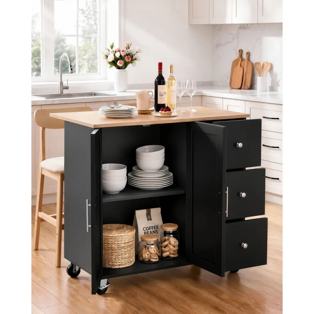 42.4" Rolling Kitchen Island Cart with Storage, Drop Leaf & 3 Drawers – Black
