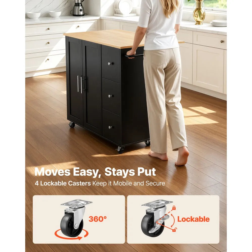 42.4" Rolling Kitchen Island Cart with Storage, Drop Leaf & 3 Drawers – Black