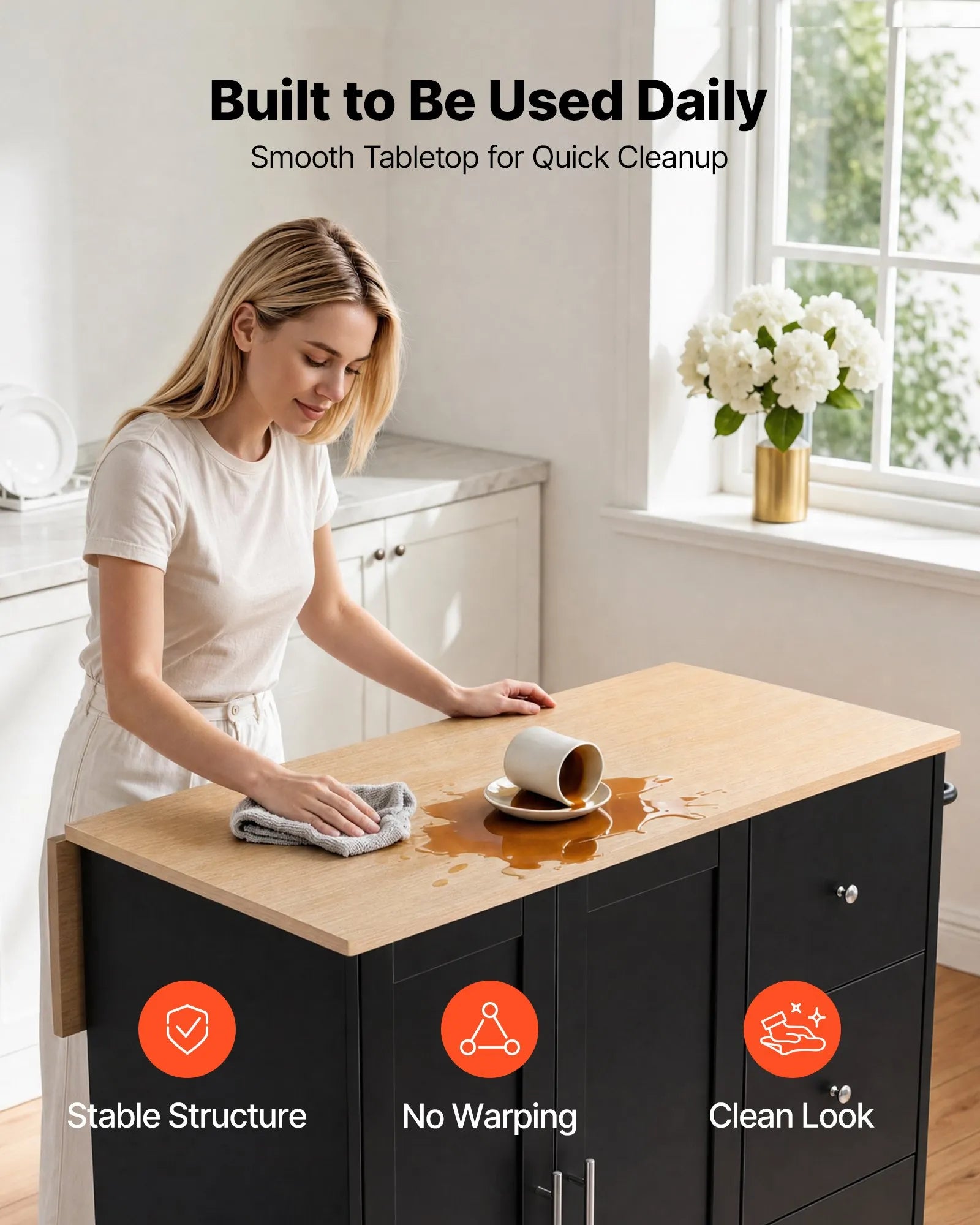 42.4" Rolling Kitchen Island Cart with Storage, Drop Leaf & 3 Drawers – Black