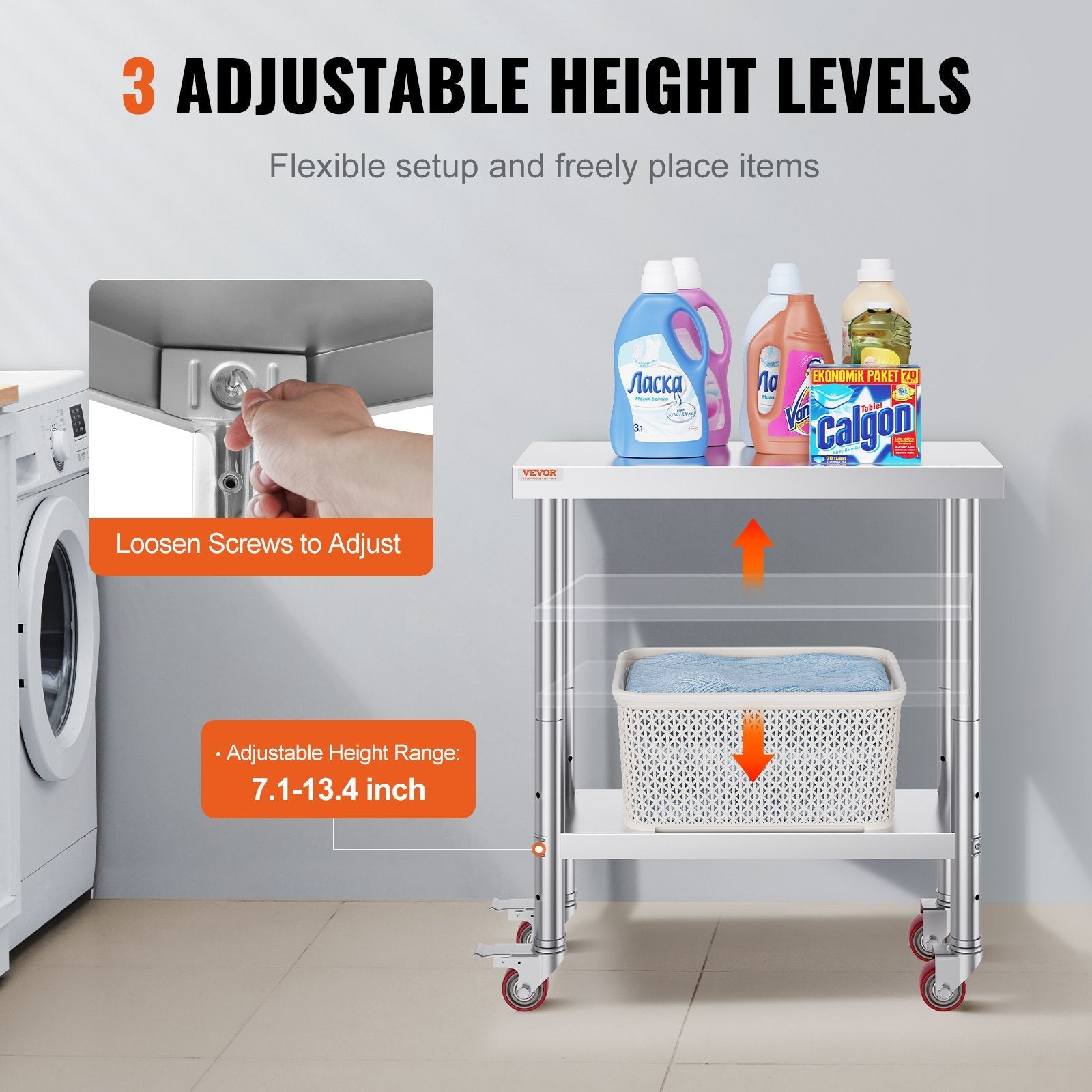 Work Table With Wheels 30"x12" Laundry Room Non-magnetic Table Overshelf Hot