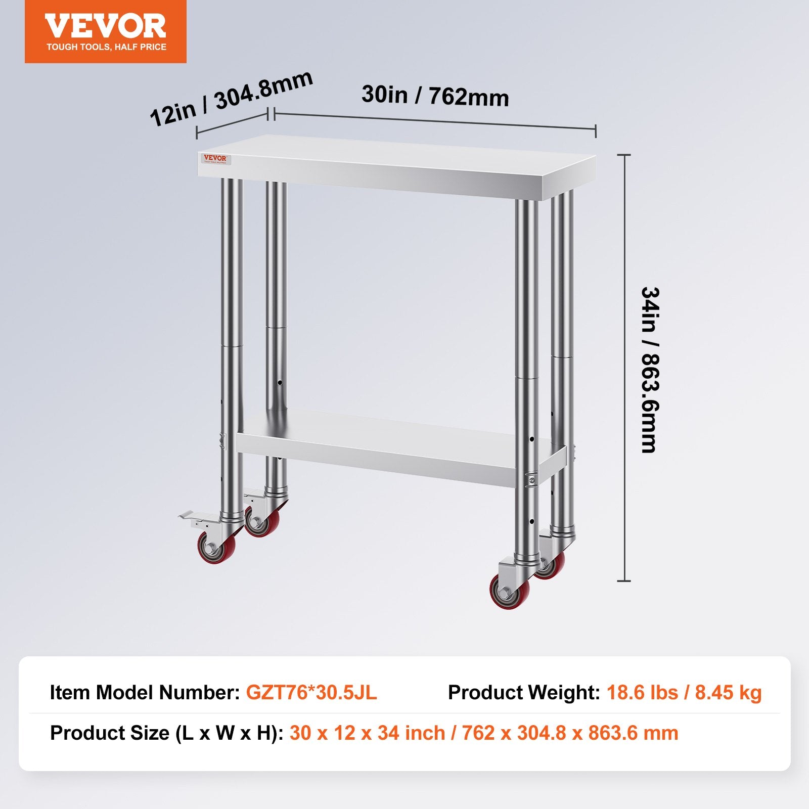 Work Table With Wheels 30"x12" Laundry Room Non-magnetic Table Overshelf Hot