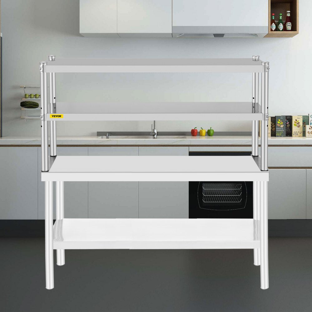 VEVOR Double Overshelf, Double Tier Stainless Steel Overshelf, 48 in. Length x 12 in. Width Double Deck Overshelf, Height Adjustable Overshelf for Prep & Work Table in Kitchen, Restaurant and Workshop