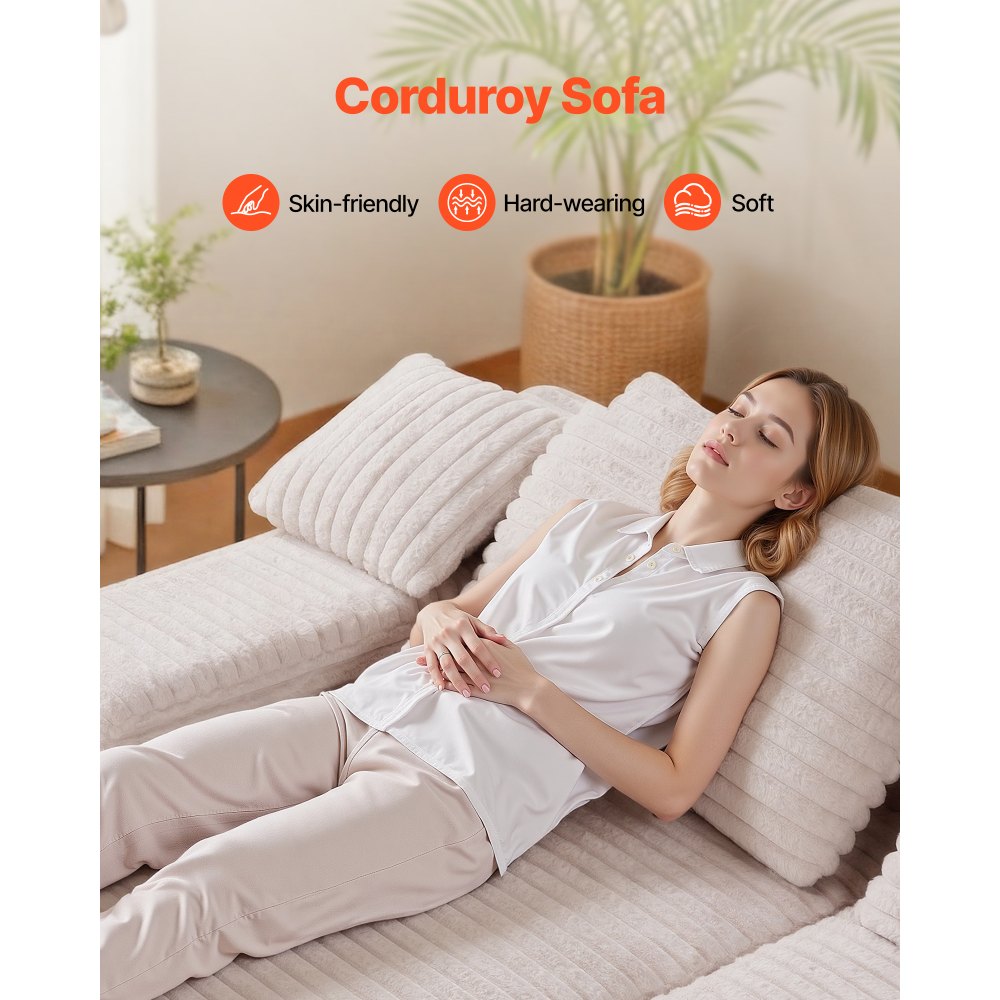 82.7" Oversized Double Chaise Lounge Sofa – Beige Corduroy Deep Seat Sectional with Throw Pillows – No Assembly Required