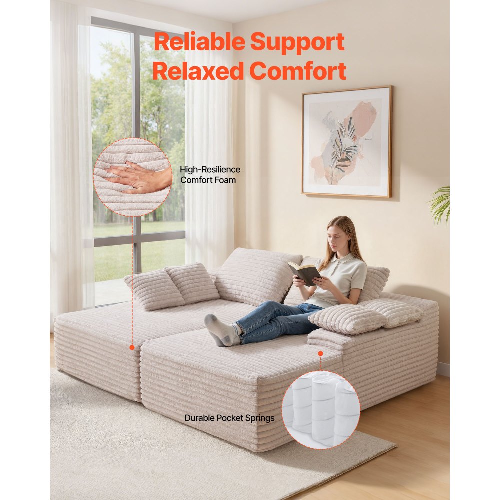 82.7" Oversized Double Chaise Lounge Sofa – Beige Corduroy Deep Seat Sectional with Throw Pillows – No Assembly Required