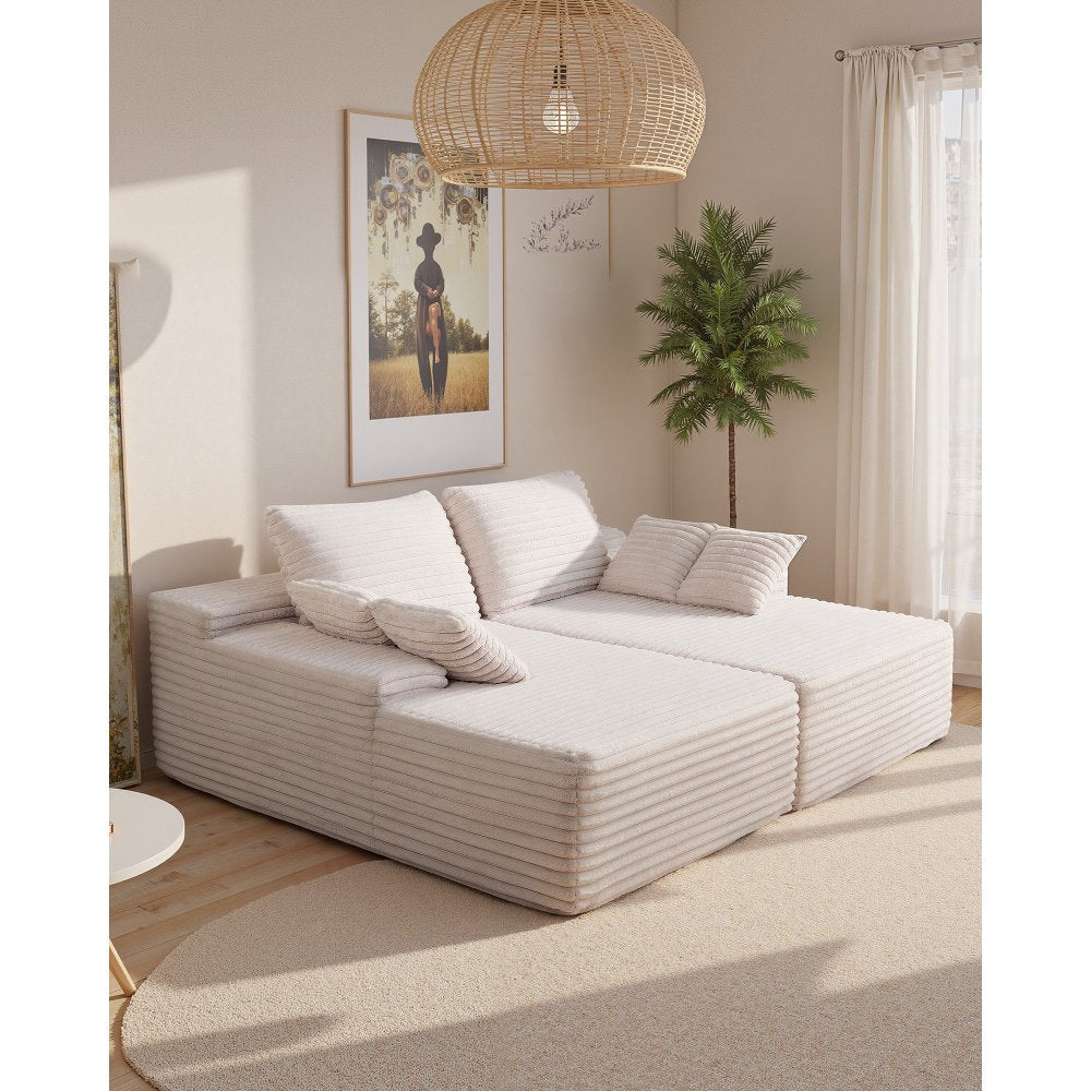 82.7" Oversized Double Chaise Lounge Sofa – Beige Corduroy Deep Seat Sectional with Throw Pillows – No Assembly Required
