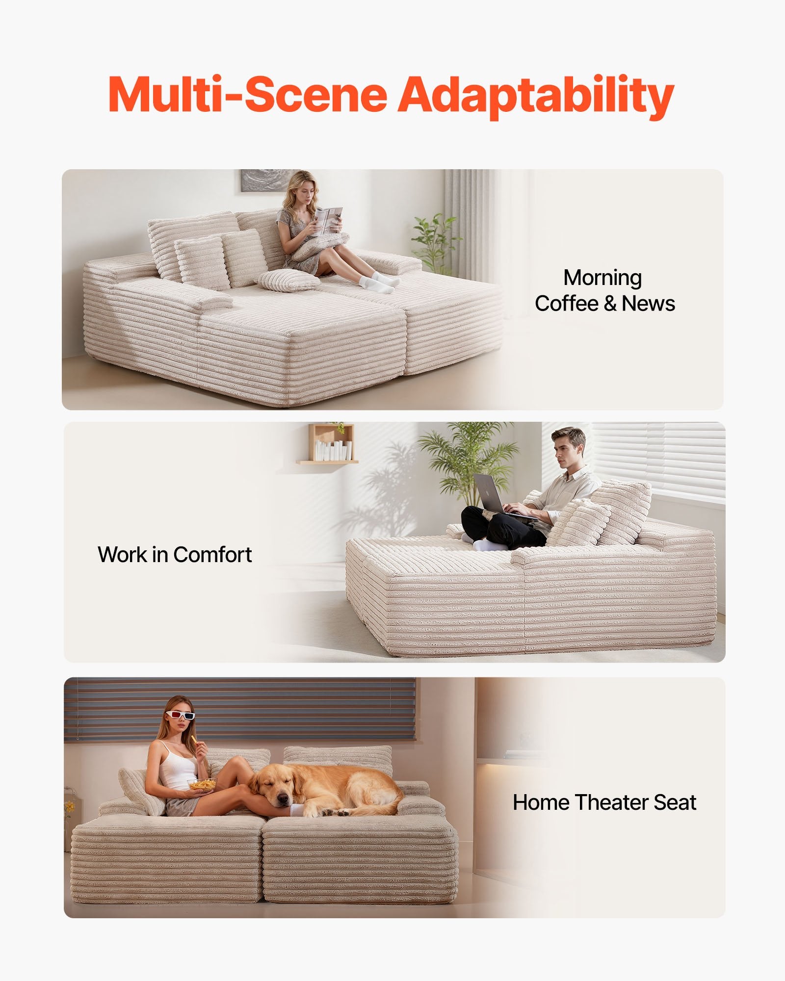 82.7" Oversized Double Chaise Lounge Sofa – Beige Corduroy Deep Seat Sectional with Throw Pillows – No Assembly Required
