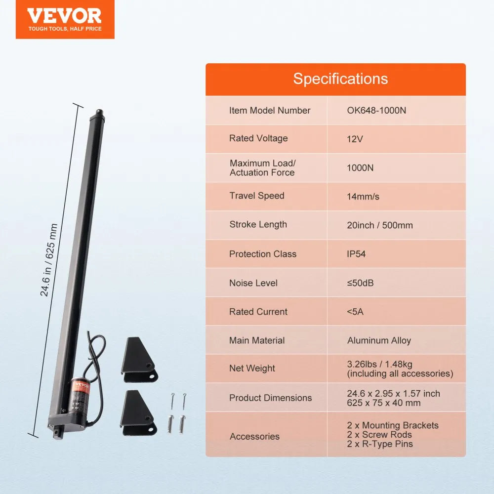 VEVOR Linear Actuator 12V, 20 Inch High Speed 0.55"/s Linear Actuator, 220lbs/1000N Linear Motion Actuator with Mounting Bracket and IP54 Protection