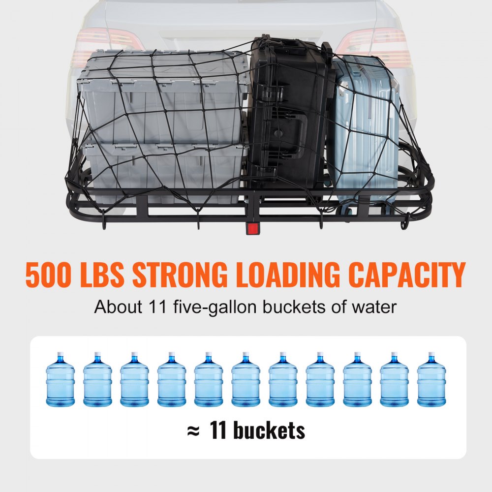 VEVOR 53 x 19 x 5 in Hitch Cargo Carrier, 500lb Capacity Trailer Hitch Mount Cargo Basket, Steel Luggage Carrier Rack Fits 2" Hitch Receiver for SUV Truck Pickup with Cargo Net, Stabilizer, Straps