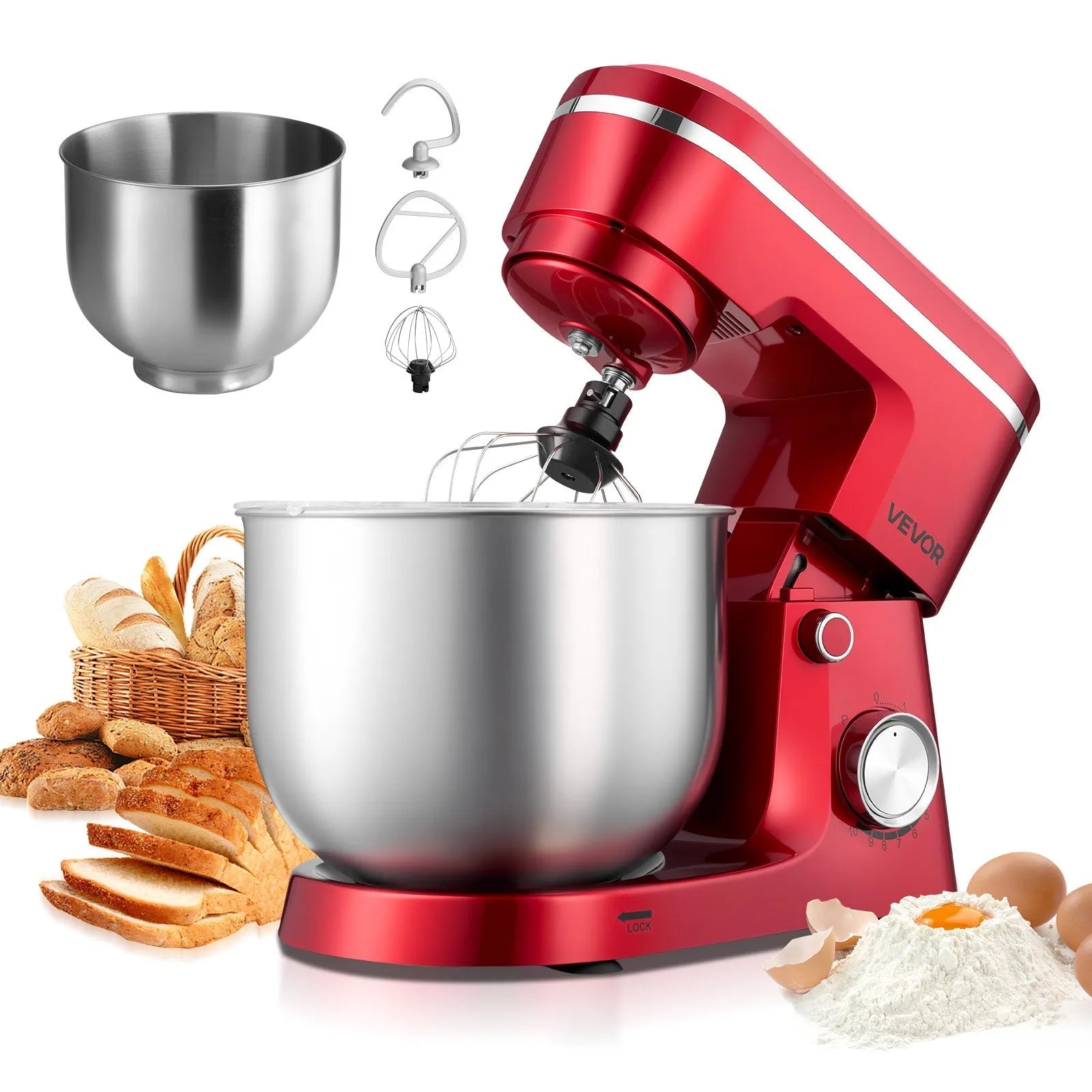 VEVOR Stand Mixer, 4.4 QT+6 QT Electric Kitchen Mixer, 300W Dough-Mixer, 10 Speeds Tilt-head Food-Mixer with Stainless Steel Bowls, Dough Hook, Whisk, Beater, for Baking, Mixing, Whipping & Kneading
