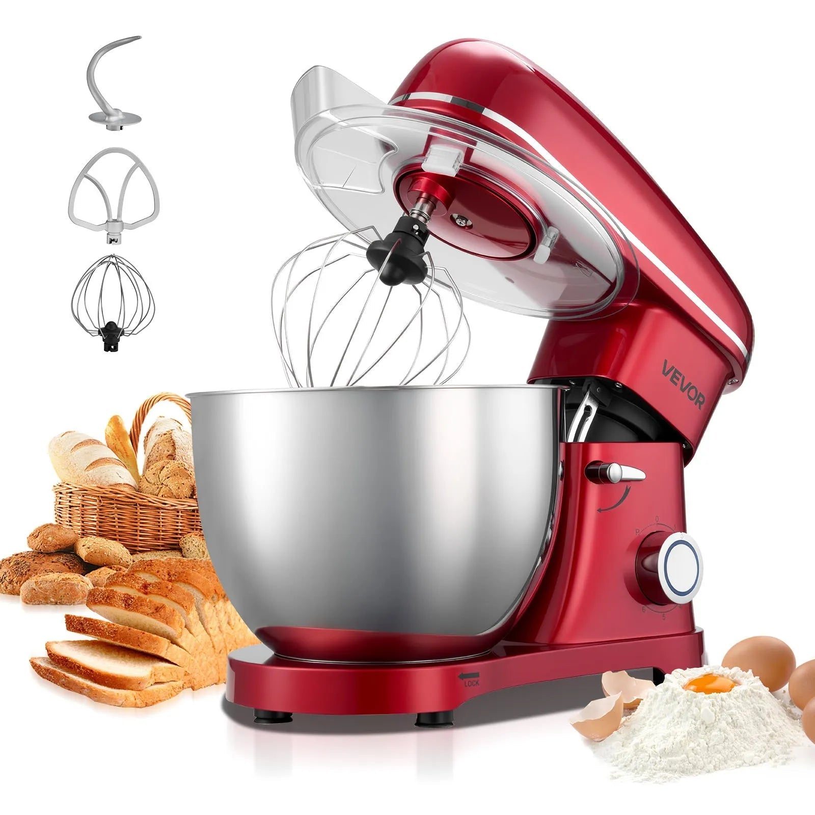 VEVOR Stand Mixer, 8.2 QT Electric Kitchen Mixer, 660W Dough-Mixer, 6 + Pulse Speeds Tilt-head Food-Mixer with Stainless Steel Bowl, Dough Hook, Whisk, Beater, for Baking, Mixing, Whipping & Kneading