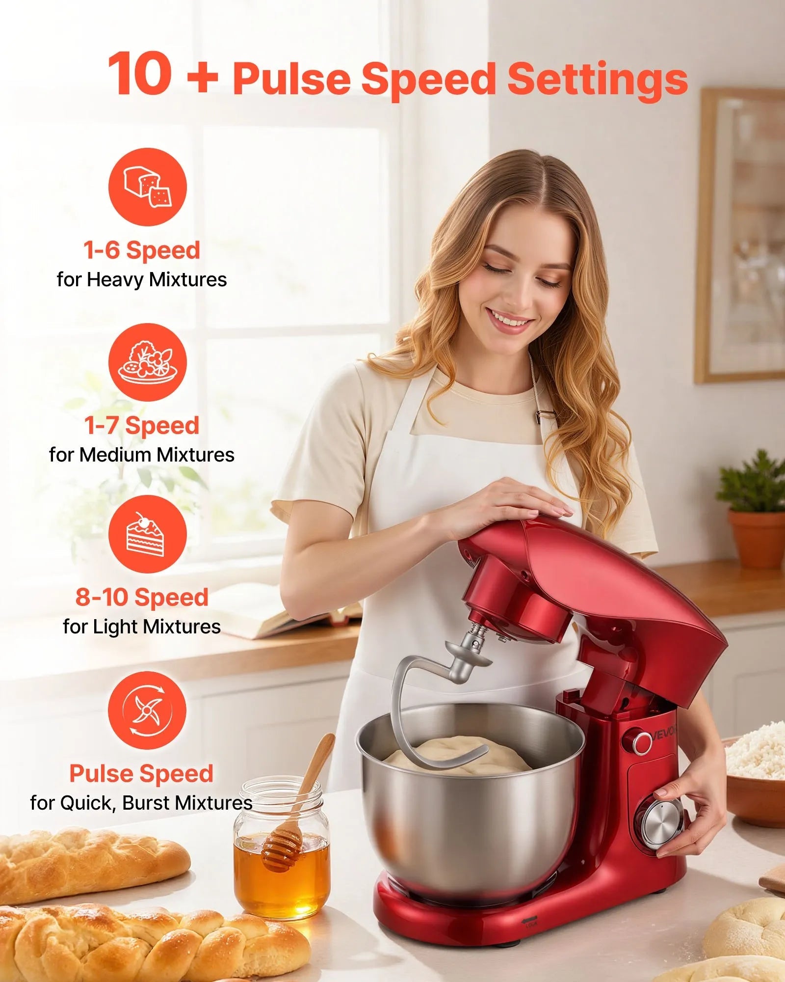 VEVOR Stand Mixer, 4.4 QT Electric Kitchen Mixer, 300W Dough-Mixer, 10 + Pulse Speeds Tilt-head Food-Mixer with Stainless Steel Bowl, Dough Hook, Whisk, Beater, for Baking, Mixing, Whipping & Kneading