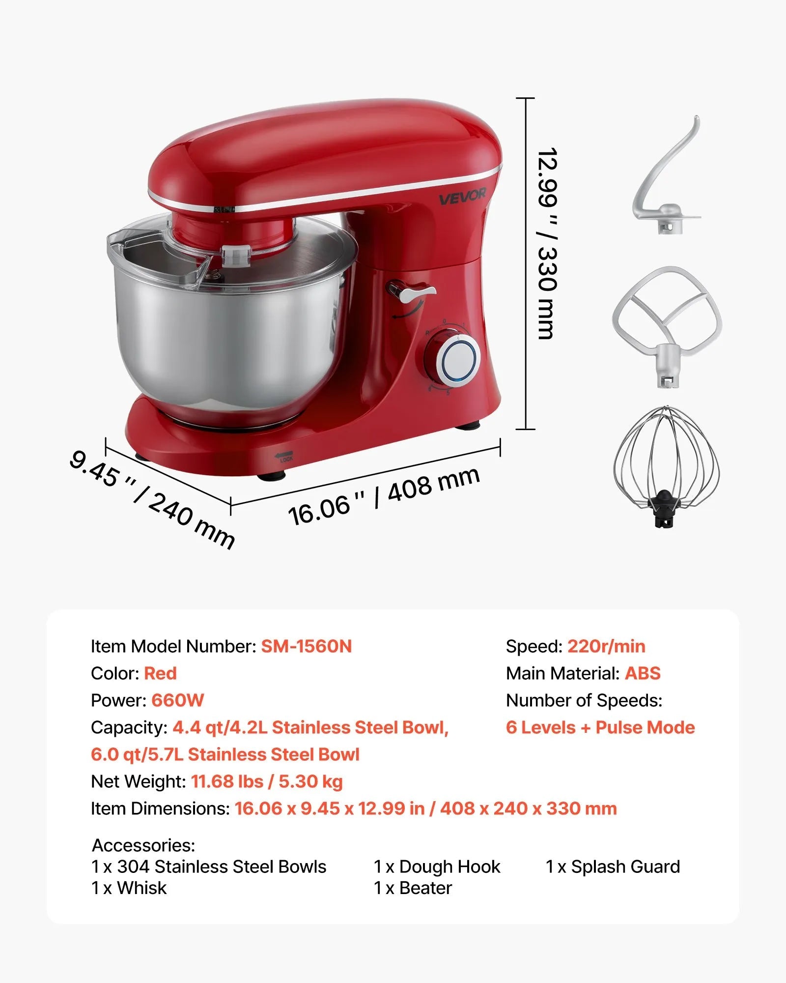 VEVOR Stand Mixer, 6 QT Electric Kitchen Mixer, 660W Dough-Mixer, 6 + Pulse Speeds Tilt-head Food-Mixer with Stainless Steel Bowl, Dough Hook, Whisk, Beater, for Baking, Mixing, Whipping & Kneading