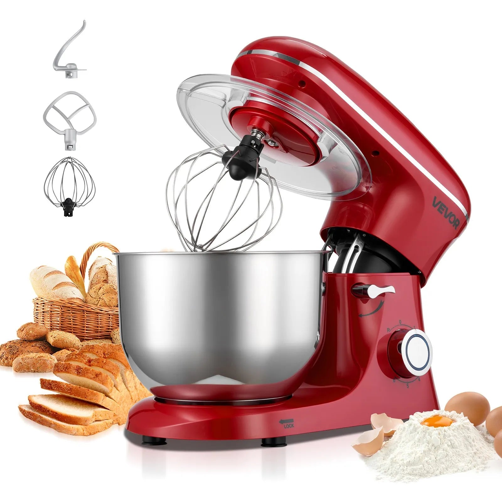 VEVOR Stand Mixer, 6 QT Electric Kitchen Mixer, 660W Dough-Mixer, 6 + Pulse Speeds Tilt-head Food-Mixer with Stainless Steel Bowl, Dough Hook, Whisk, Beater, for Baking, Mixing, Whipping & Kneading