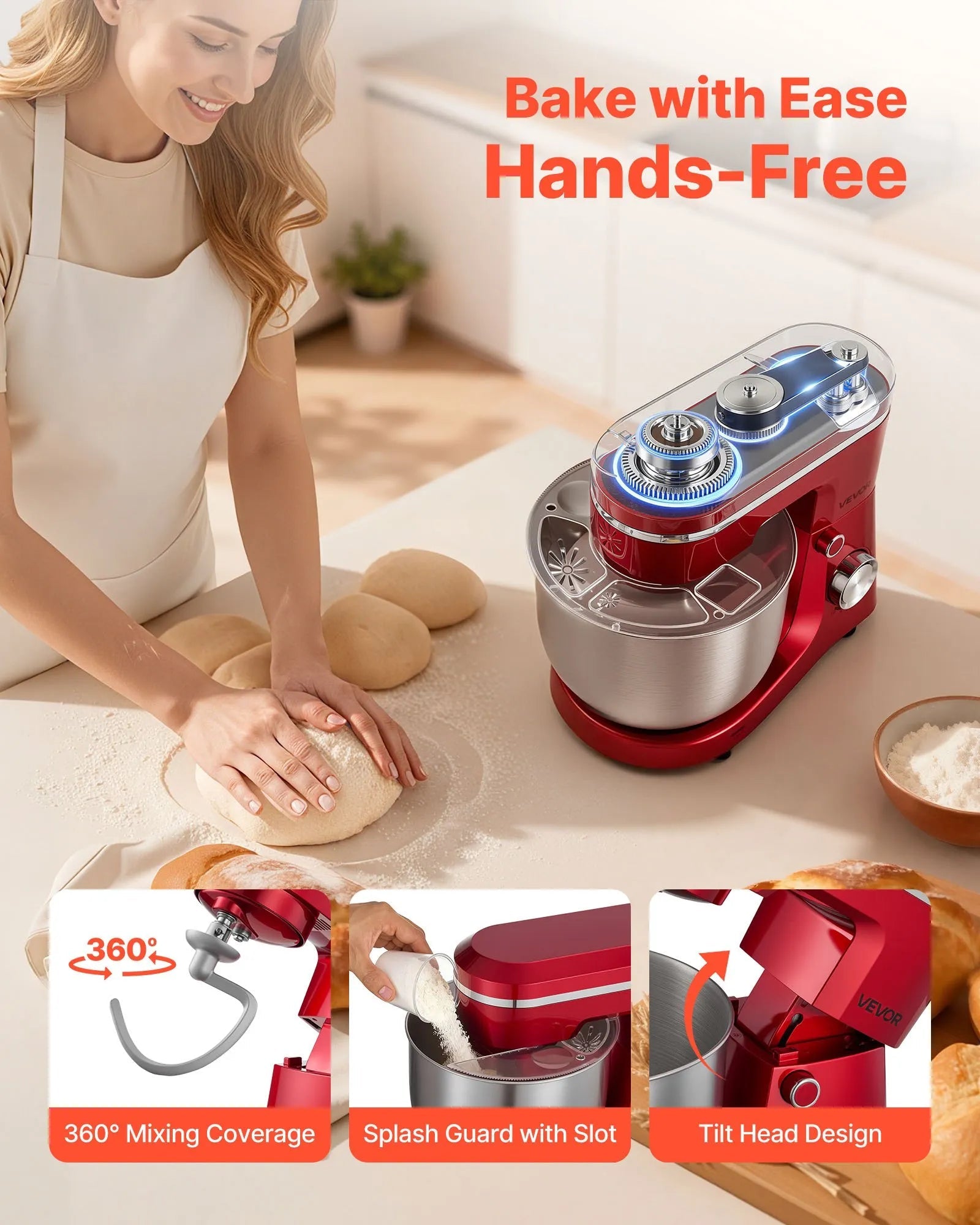 VEVOR Stand Mixer, 6 QT Electric Kitchen Mixer, 300W Dough-Mixer, 10 Speeds Tilt-head Food-Mixer with Stainless Steel Bowl, Dough Hook, Whisk, Beater, for Baking, Mixing, Whipping & Kneading, Red