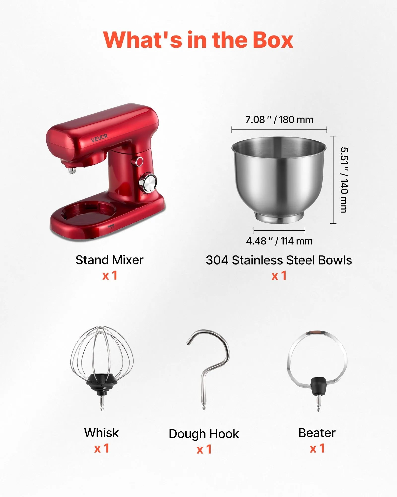 VEVOR Stand Mixer, 3 QT Electric Kitchen Mixer, 300W Dough-Mixer, 10 Speeds Tilt-head Food-Mixer with Stainless Steel Bowl, Dough Hook, Whisk, Beater, for Baking, Mixing, Whipping & Kneading, Red