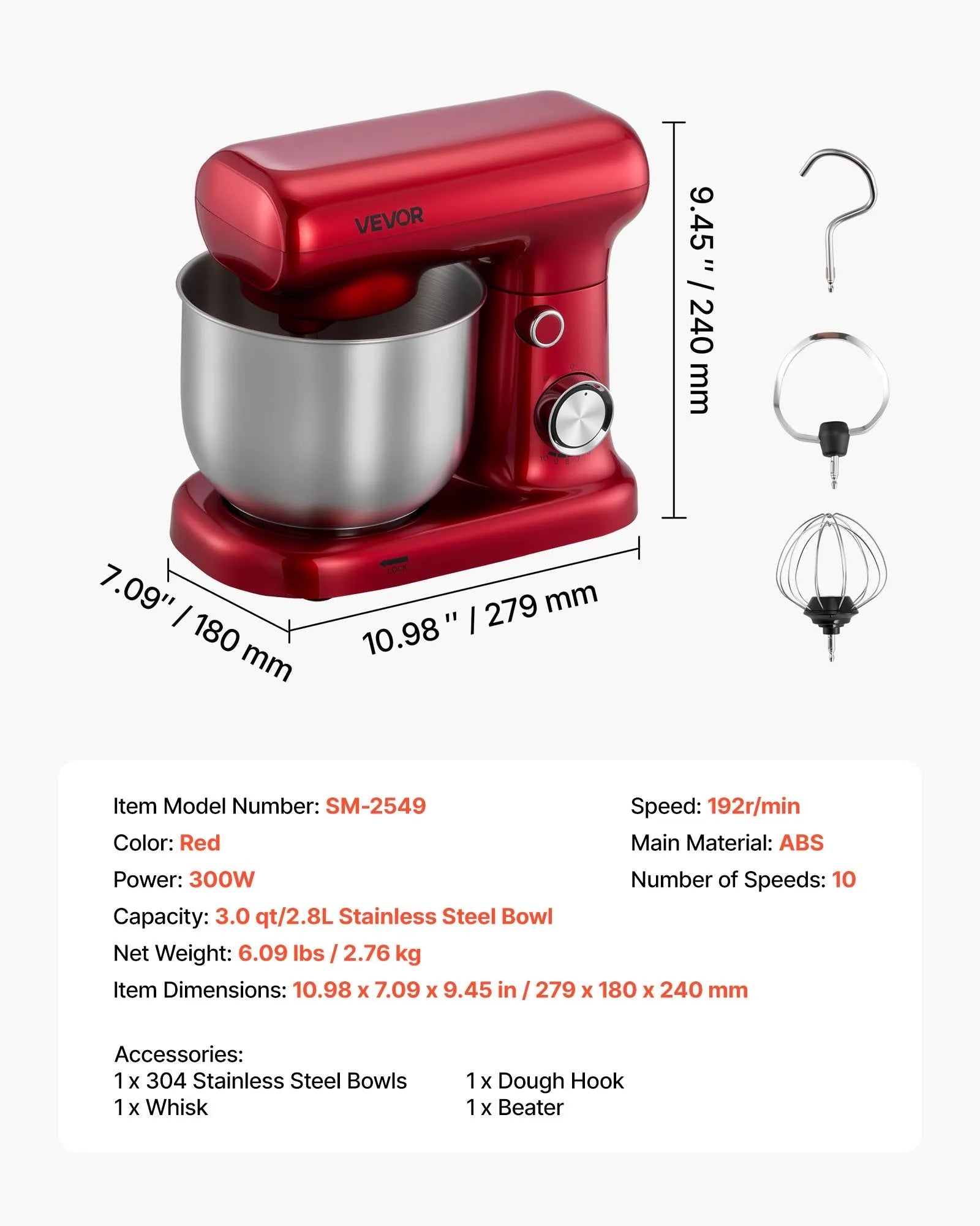 VEVOR Stand Mixer, 3 QT Electric Kitchen Mixer, 300W Dough-Mixer, 10 Speeds Tilt-head Food-Mixer with Stainless Steel Bowl, Dough Hook, Whisk, Beater, for Baking, Mixing, Whipping & Kneading, Red