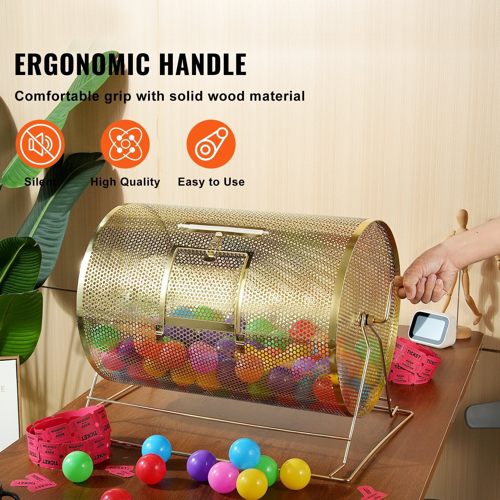 VEVOR Raffle Drum, 14.8 x Ø21.26 inch Brass Plated Raffle Ticket Spinning Cage, Holds 10000 Tickets or 300 Ping Pong Balls, Metal Lottery Spinning Drawing with Wooden Turning Handle, for Bingo Ballot