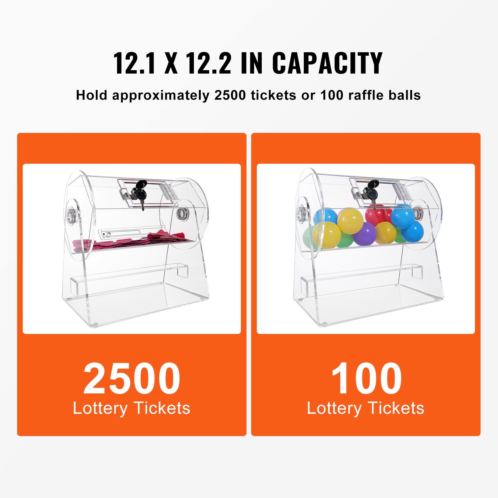 VEVOR Acrylic Raffle Drum, Holds 2500 Tickets or 100 Raffle Balls, Professional Raffle Ticket Spinning Cage with 2 Keys, Transparent Lottery Spinning Drawing, Raffle Ticket Box for Lottery Games Bingo
