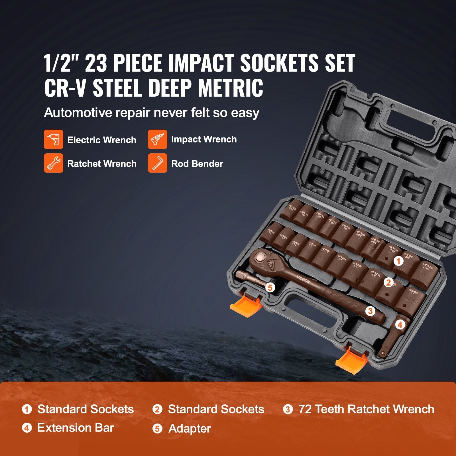 VEVOR 1/2" Drive Impact Socket Set, 23 Piece Socket Set SAE 7/16" -1" and Metric 13-24mm, 6 Point Cr-V Alloy Steel for Auto Repair, Easy-to-Read Size Markings, Rugged Construction, Storage Case