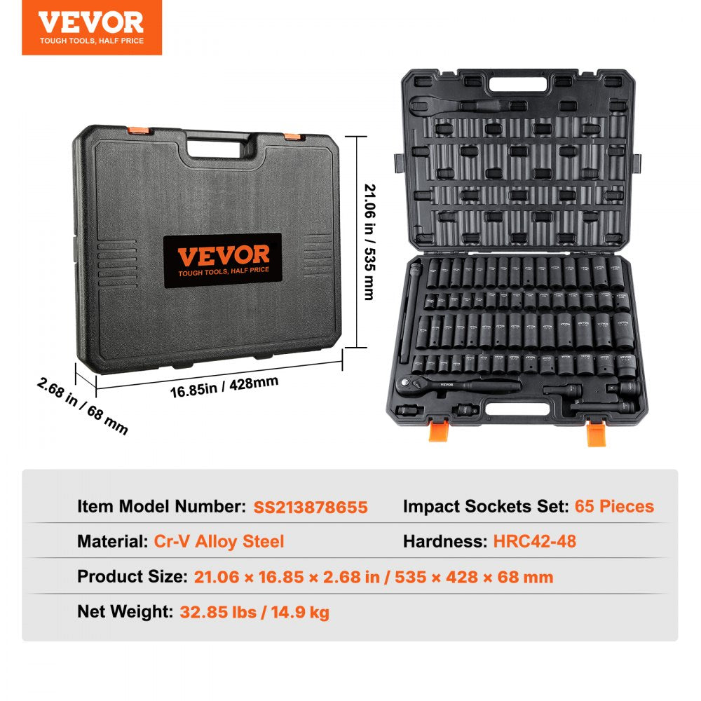 VEVOR 1/2" Drive Impact Socket Set, 65 Piece Socket Set SAE 3/8" to 1-1/4" and Metric 10-24mm, 6 Point Cr-V Alloy Steel for Auto Repair, Easy-to-Read Size Markings, Rugged Construction, Storage Case