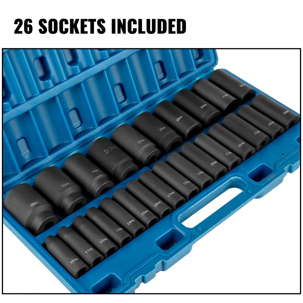 VEVOR Impact Socket Set 1/2 Inches 26 Piece Impact Sockets, Deep Socket, 6-Point Sockets, Rugged Construction, Cr-V, 1/2 Inches Drive Socket Set Impact Metric 10mm - 36mm, with a Storage Cage