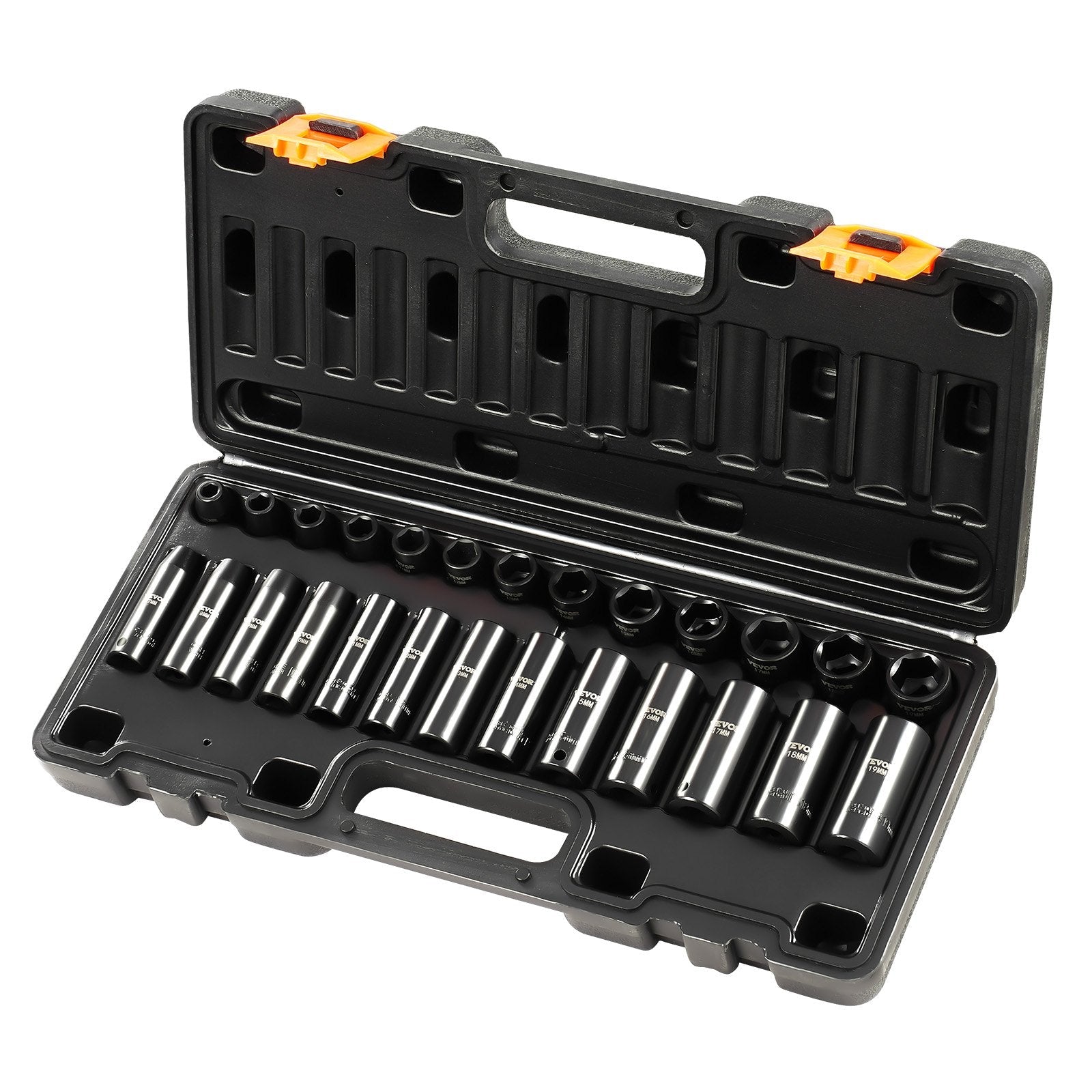 VEVOR Impact Socket Set 3/8 Inches 26 Piece Impact Sockets, Deep / Standard Socket, 6-Point Sockets, Rugged Construction, Cr-V Socket Set Impact Metric 7mm -19mm, with a Storage Cage