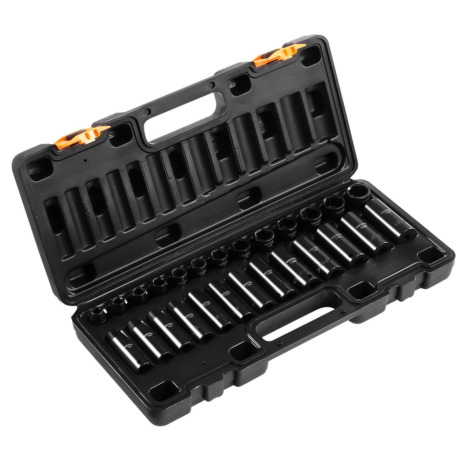 VEVOR Impact Socket Set 3/8 Inches 26 Piece Impact Sockets, Deep / Standard Socket, 6-Point Sockets, Rugged Construction, Cr-V Socket Set Impact Metric 7mm -19mm, with a Storage Cage