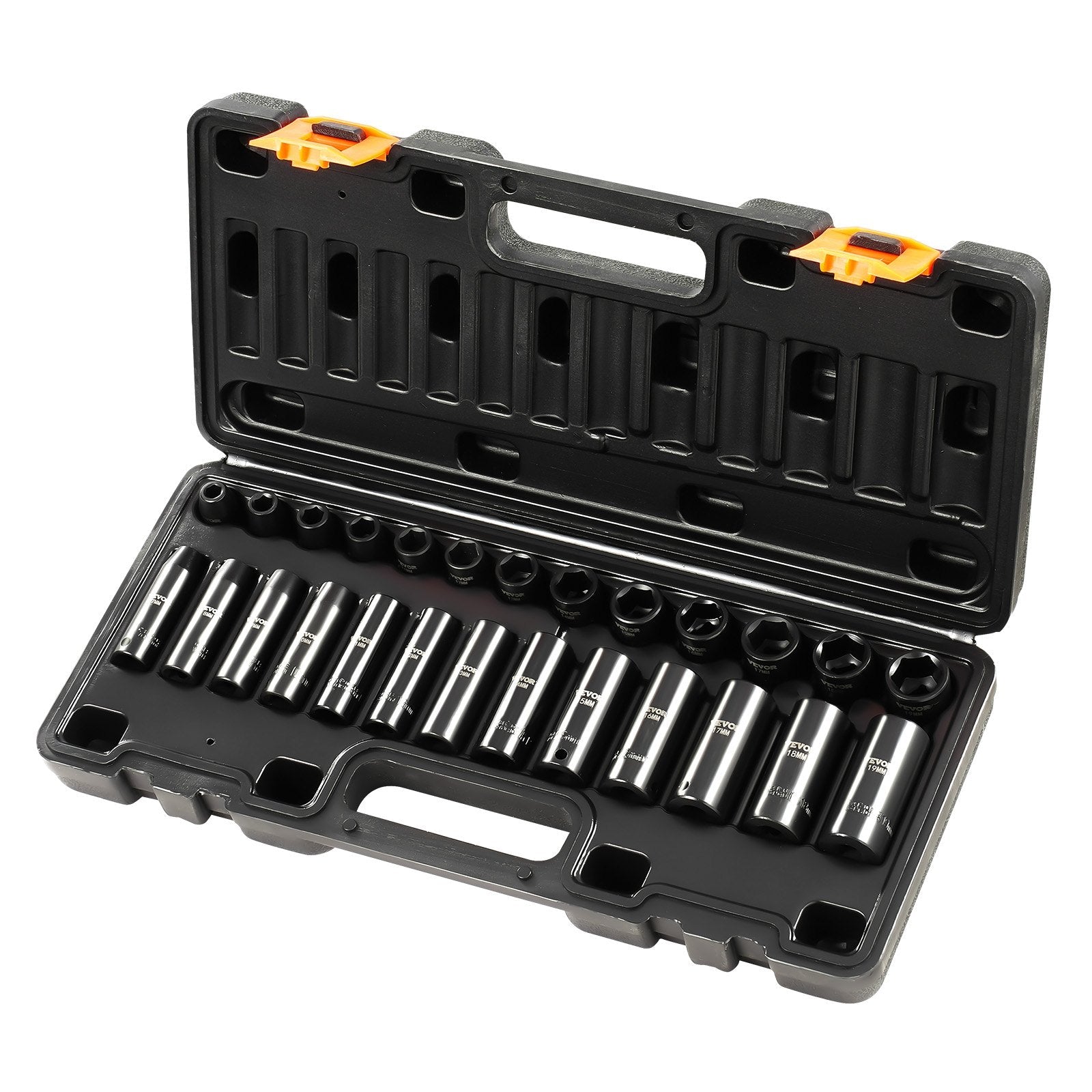 VEVOR Impact Socket Set 3/8 Inches 26 Piece Impact Sockets, Deep / Standard Socket, 6-Point Sockets, Rugged Construction, Cr-V Socket Set Impact Metric 7mm -19mm, with a Storage Cage