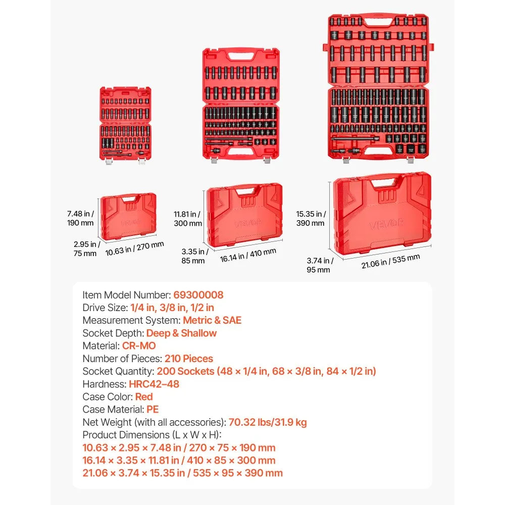 VEVOR 210-Piece Drive Impact Socket Set, 1/4", 3/8" & 1/2" SAE & Metric with Carrying Case