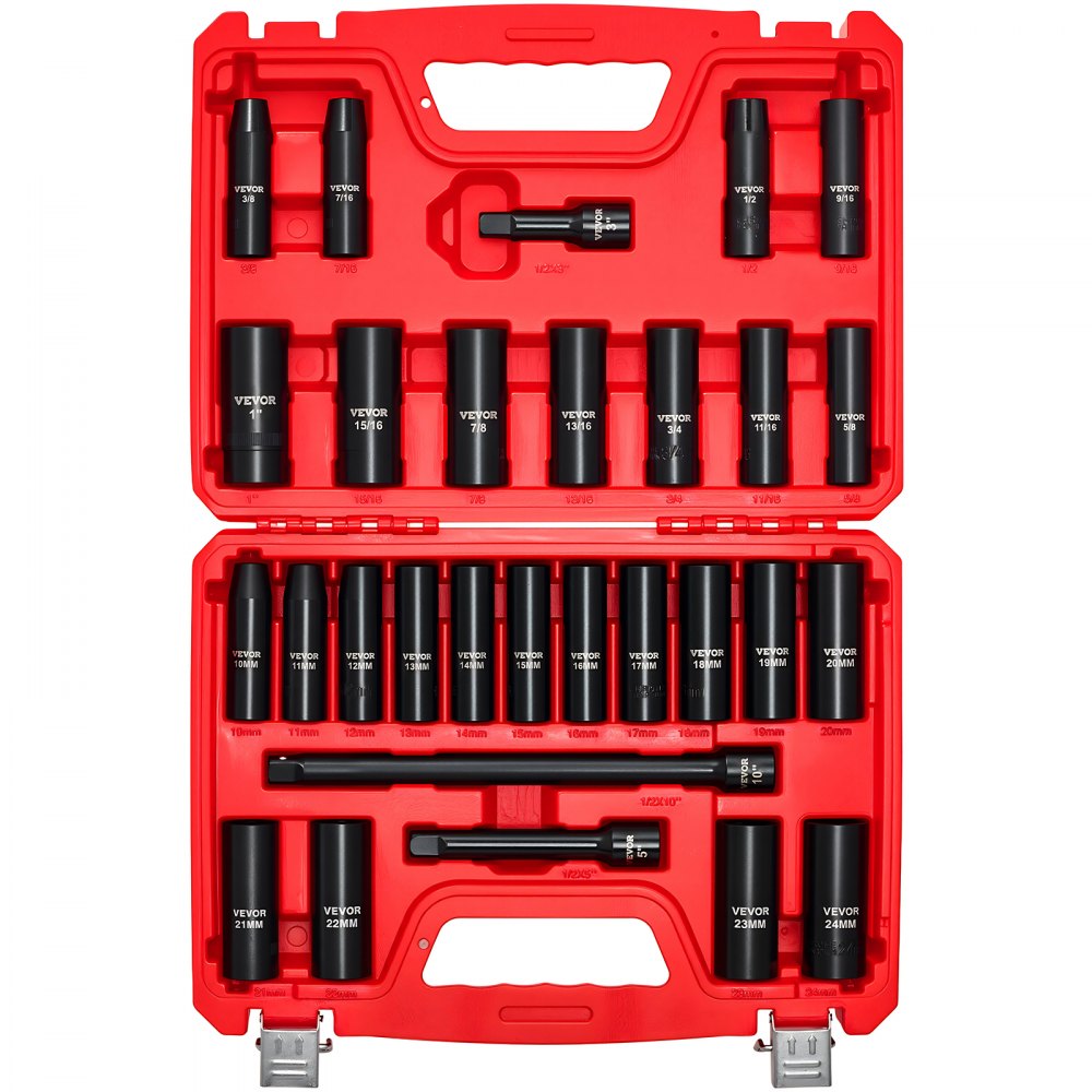 VEVOR 29-Piece 1/2" Drive Impact Socket Set, SAE & Metric Deep 6-Point Sockets with Extension Bars