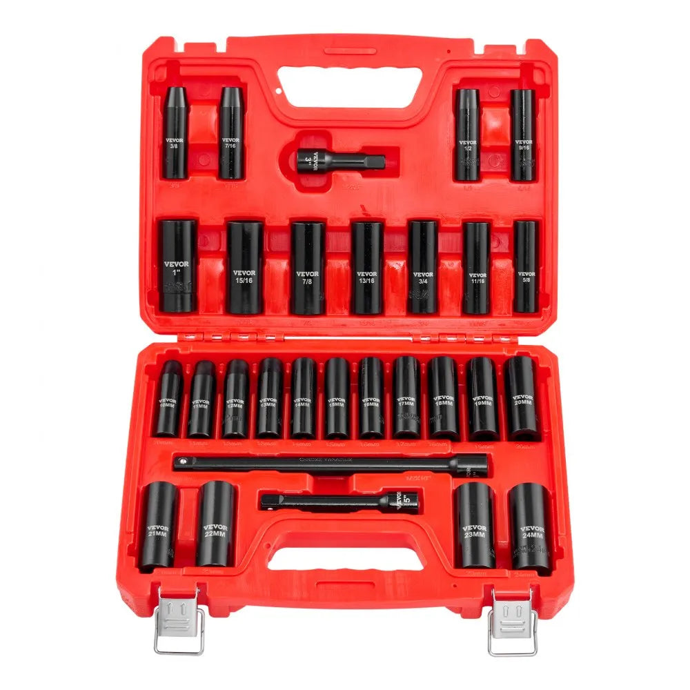 VEVOR 29-Piece 1/2" Drive Impact Socket Set, SAE & Metric Deep 6-Point Sockets with Extension Bars