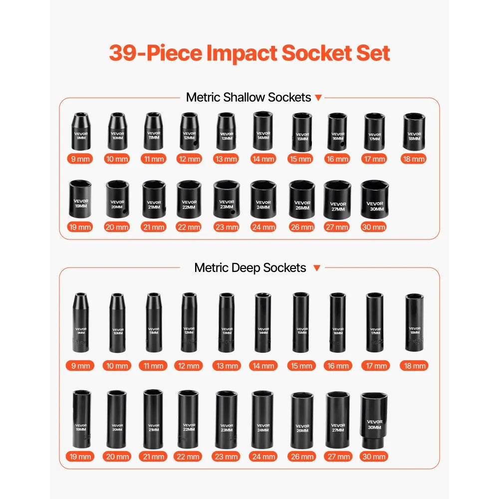 VEVOR 39-Piece 1/2" Drive Impact Socket Set, Deep & Shallow 6-Point Metric Sockets with Universal Joint