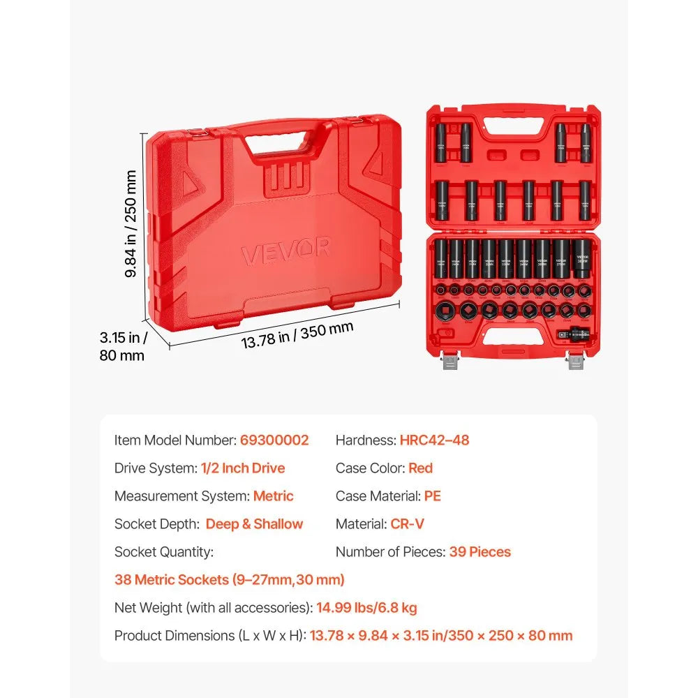 VEVOR 39-Piece 1/2" Drive Impact Socket Set, Deep & Shallow 6-Point Metric Sockets with Universal Joint