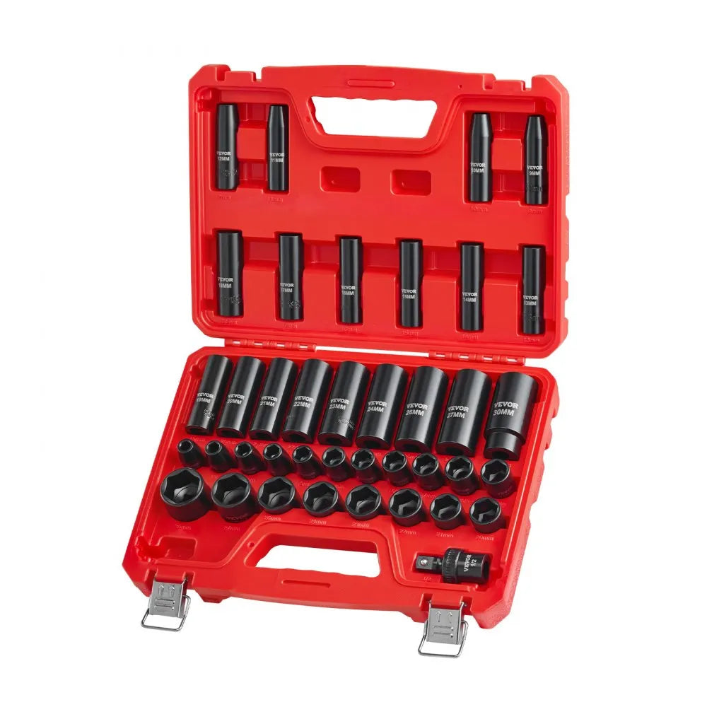 VEVOR 39-Piece 1/2" Drive Impact Socket Set, Deep & Shallow 6-Point Metric Sockets with Universal Joint