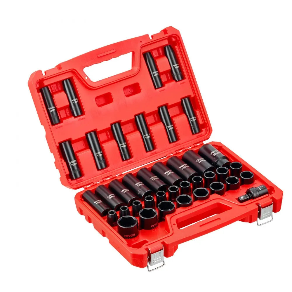 VEVOR 39-Piece 1/2" Drive Impact Socket Set, Deep & Shallow 6-Point Metric Sockets with Universal Joint