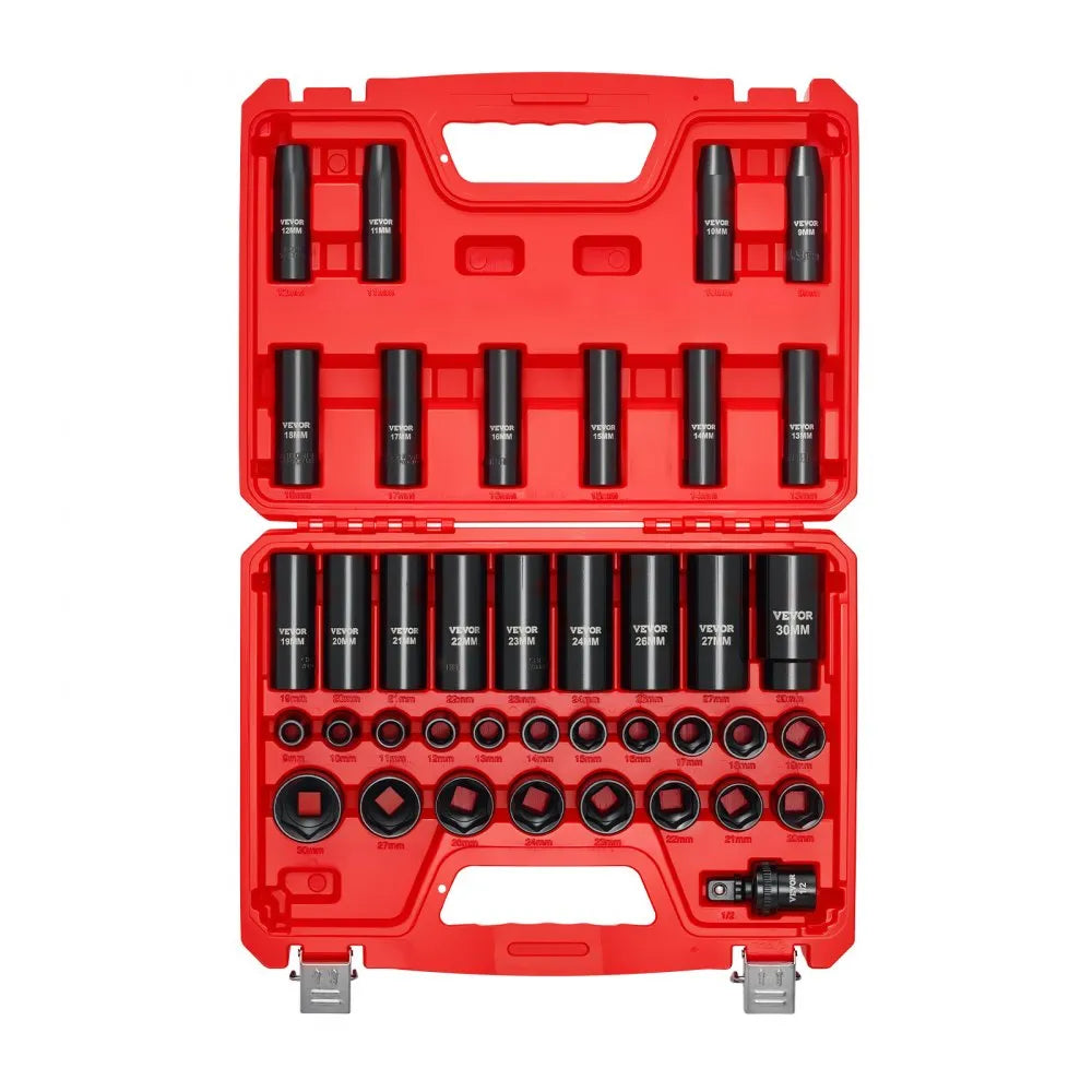 VEVOR 39-Piece 1/2" Drive Impact Socket Set, Deep & Shallow 6-Point Metric Sockets with Universal Joint