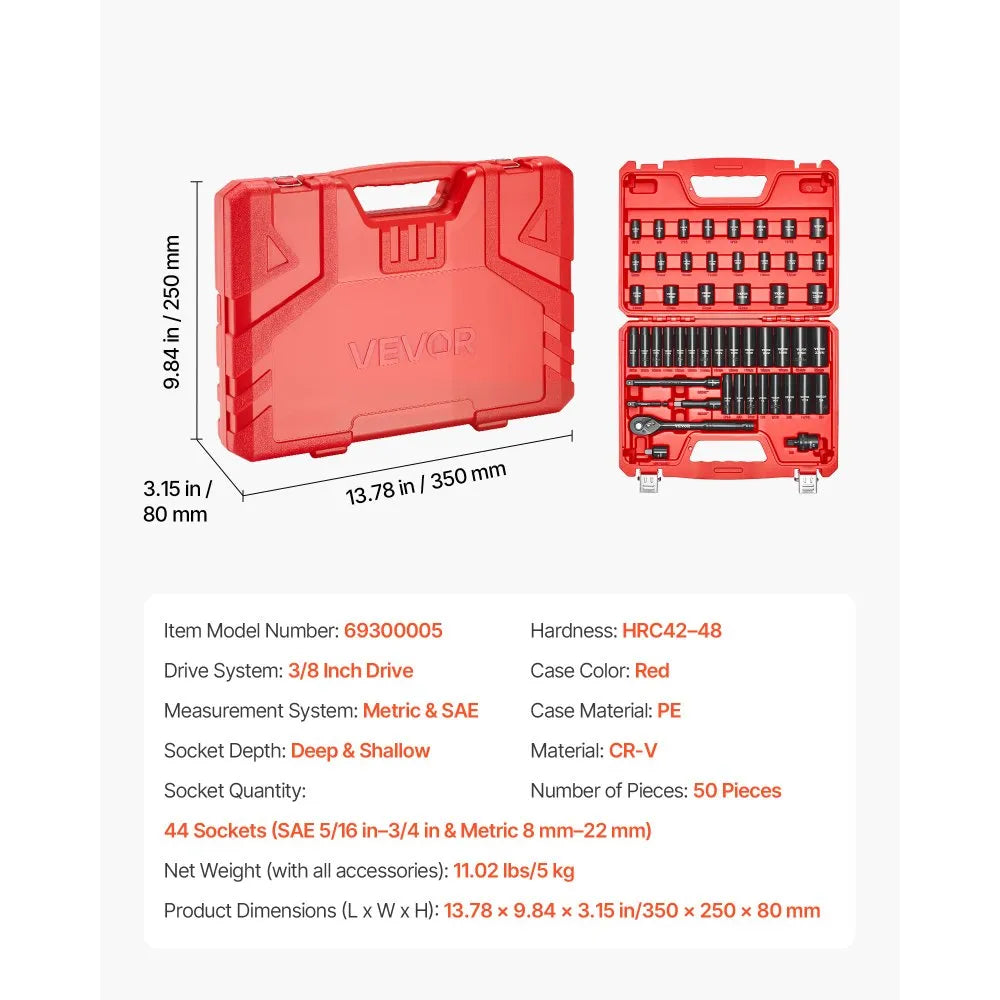 VEVOR 50-Piece 3/8" Drive Impact Socket Set, SAE & Metric Deep and Shallow 6-Point Sockets with Extension Bars