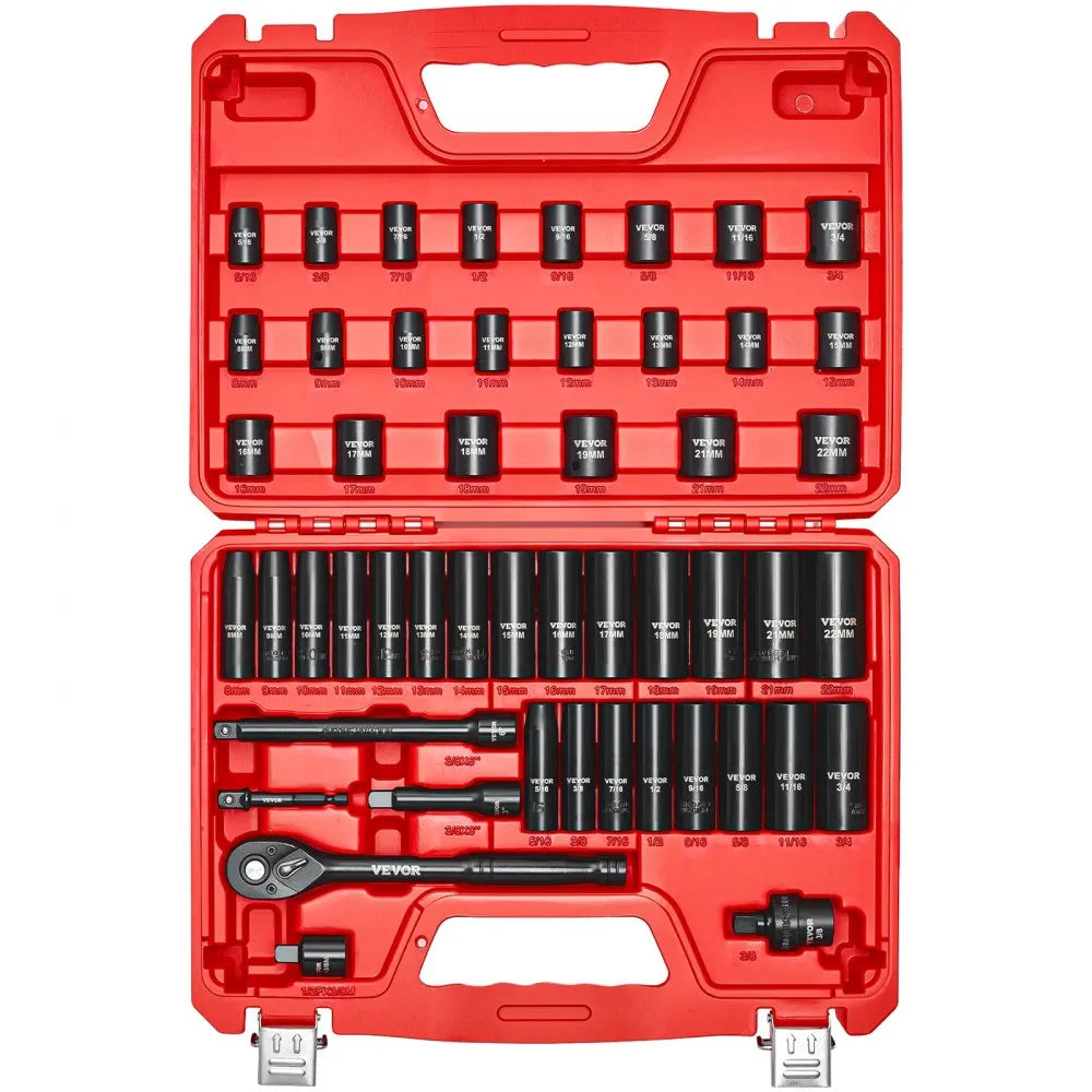 VEVOR 50-Piece 3/8" Drive Impact Socket Set, SAE & Metric Deep and Shallow 6-Point Sockets with Extension Bars
