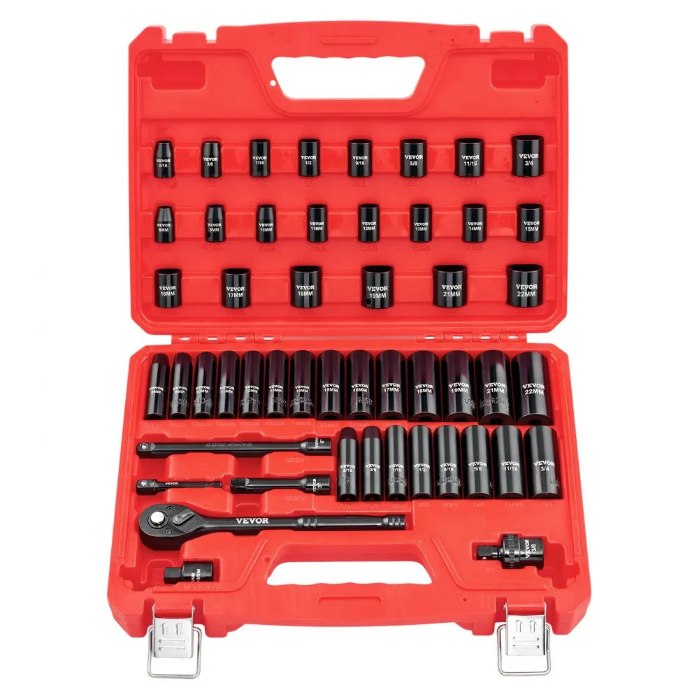 VEVOR 50-Piece 3/8" Drive Impact Socket Set, SAE & Metric Deep and Shallow 6-Point Sockets with Extension Bars