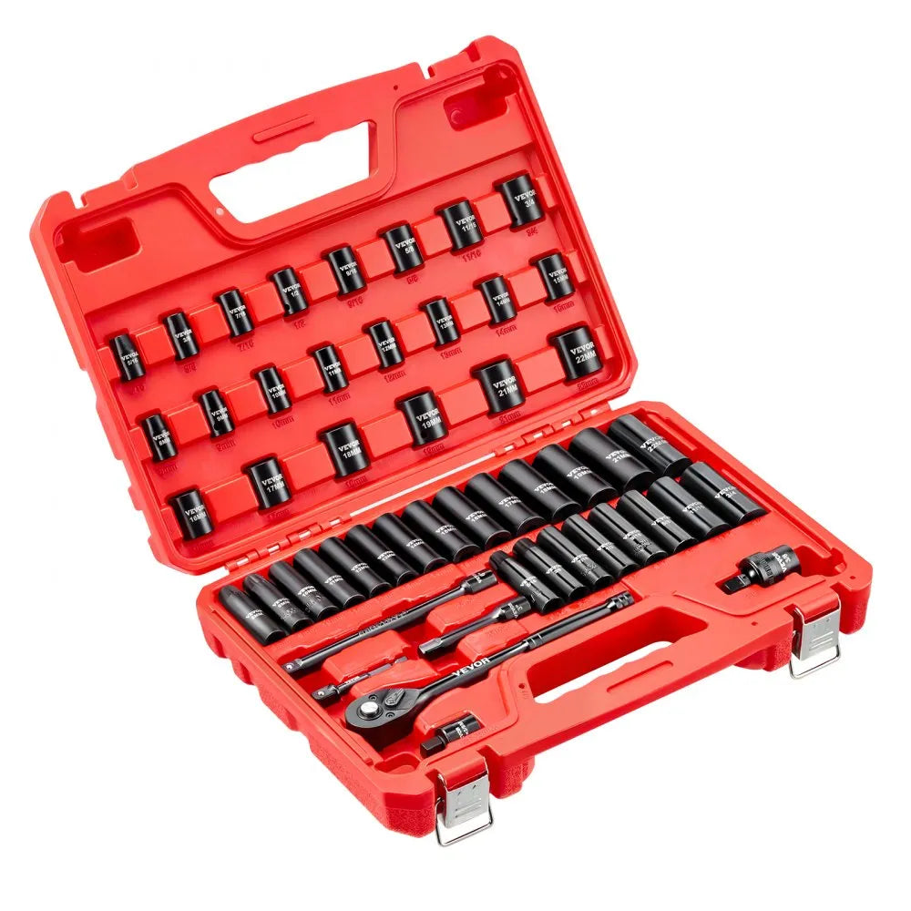 VEVOR 50-Piece 3/8" Drive Impact Socket Set, SAE & Metric Deep and Shallow 6-Point Sockets with Extension Bars