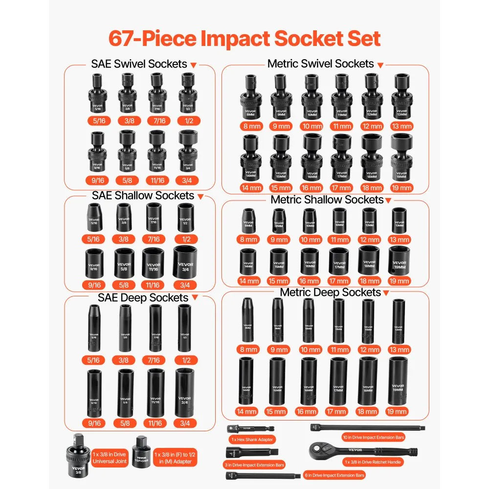 VEVOR 67-Piece 3/8" Drive Impact Socket Set, SAE & Metric Deep and Shallow 6-Point Sockets with Swivel Sockets