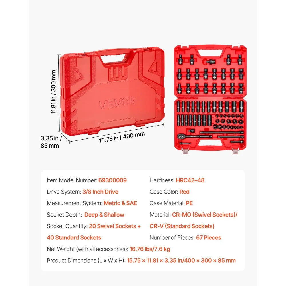 VEVOR 67-Piece 3/8" Drive Impact Socket Set, SAE & Metric Deep and Shallow 6-Point Sockets with Swivel Sockets