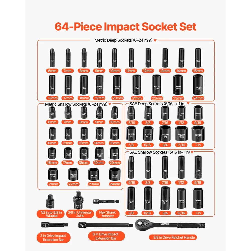 VEVOR 64-Piece 3/8" Drive Impact Socket Set, SAE & Metric 6-Point Deep & Shallow Sockets
