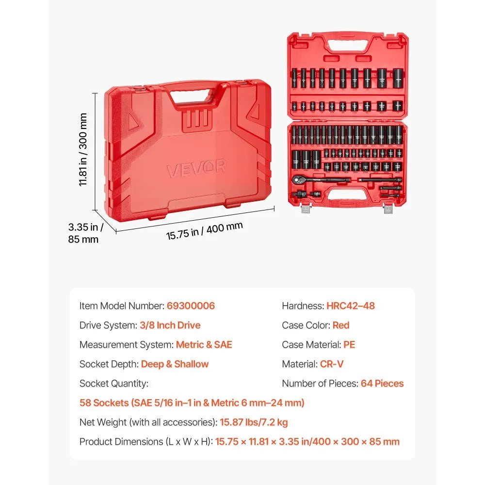 VEVOR 64-Piece 3/8" Drive Impact Socket Set, SAE & Metric 6-Point Deep & Shallow Sockets