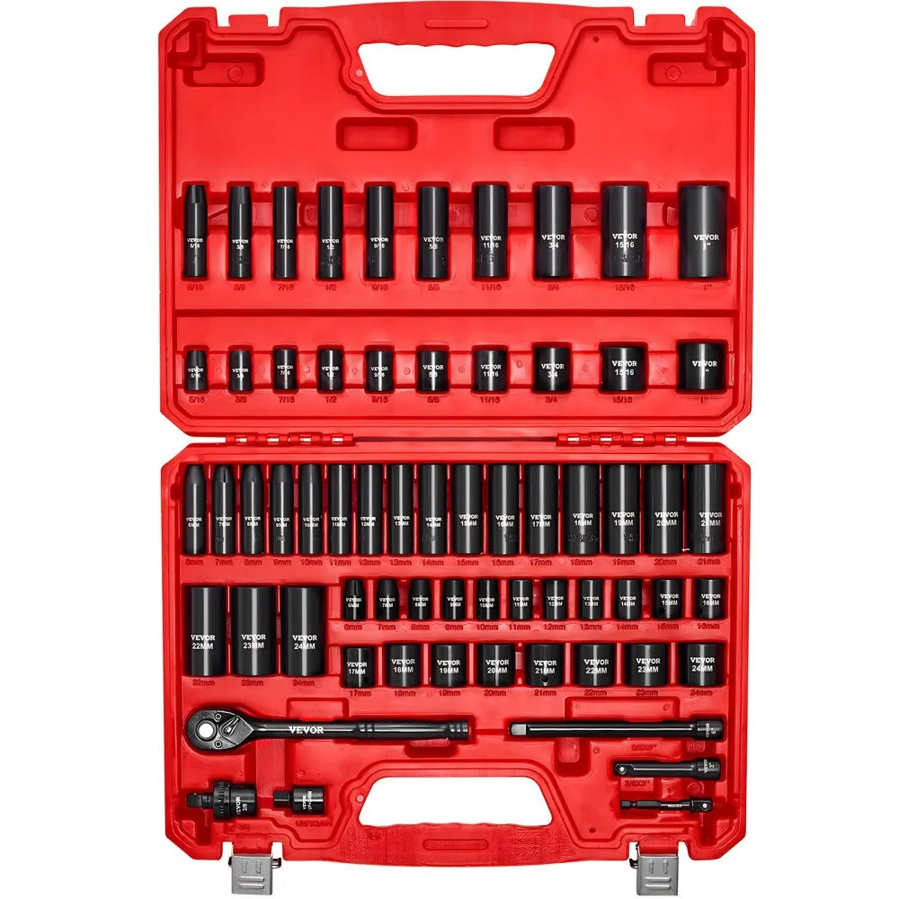 VEVOR 64-Piece 3/8" Drive Impact Socket Set, SAE & Metric 6-Point Deep & Shallow Sockets