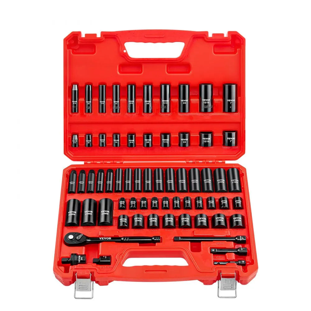 VEVOR 64-Piece 3/8" Drive Impact Socket Set, SAE & Metric 6-Point Deep & Shallow Sockets