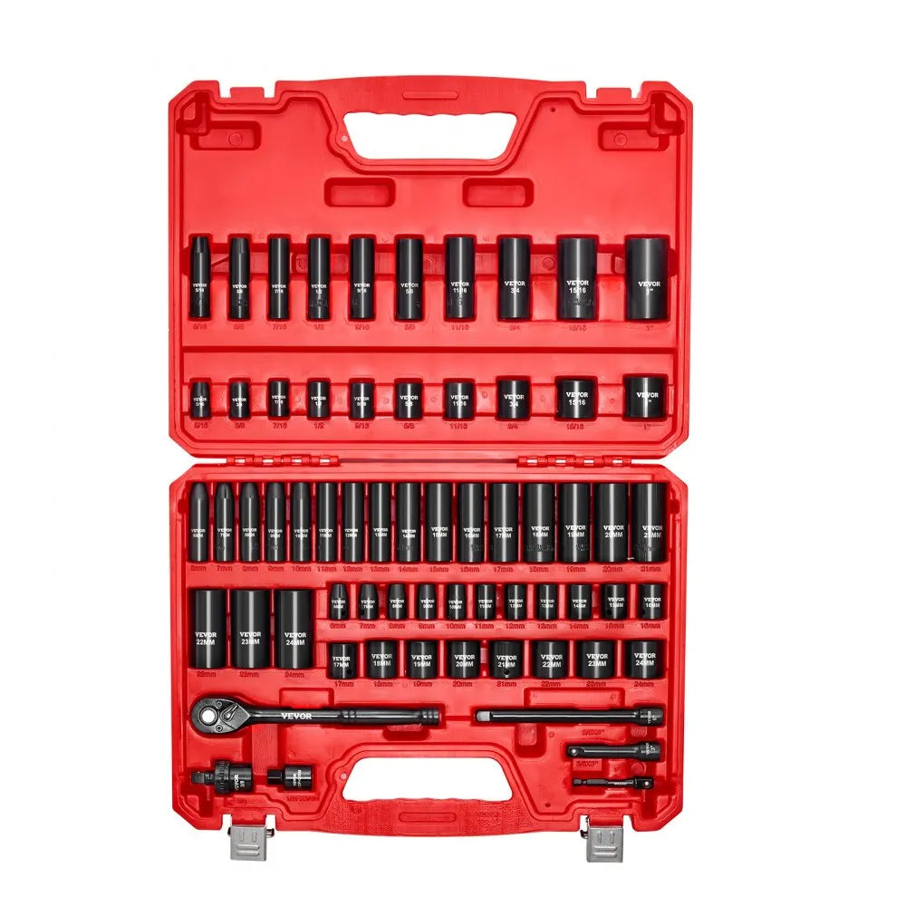 VEVOR 64-Piece 3/8" Drive Impact Socket Set, SAE & Metric 6-Point Deep & Shallow Sockets