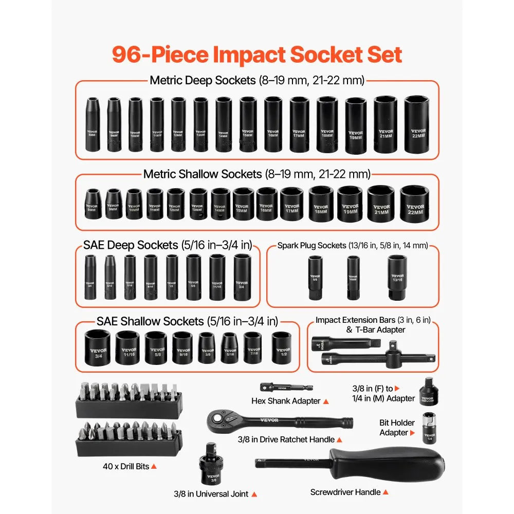 VEVOR 96-Piece 3/8" Drive Impact Socket Set, SAE & Metric Deep and Shallow 6-Point Sockets