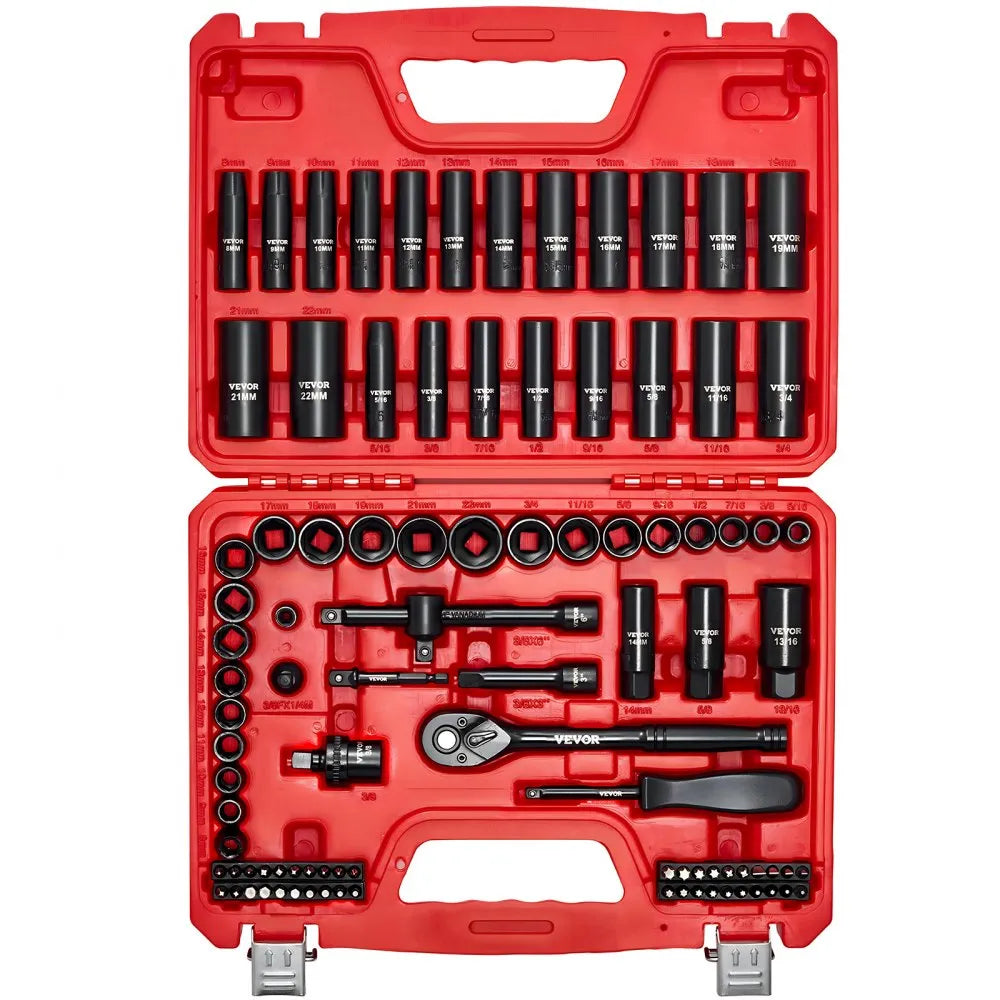 VEVOR 96-Piece 3/8" Drive Impact Socket Set, SAE & Metric Deep and Shallow 6-Point Sockets